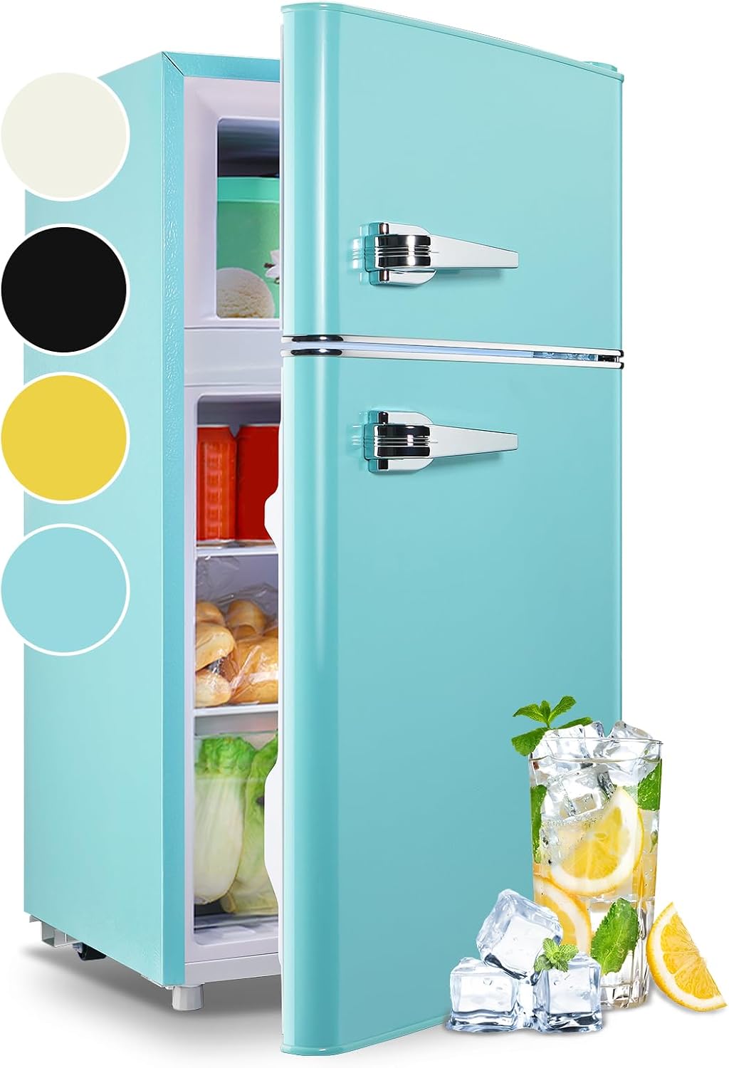 WANAI 3.5 Cu.ft Refrigerators Full-sized Fridge with Freezer Handles Blue Fridge Dual Door Classic Retro Refrigerator Removable Glass Shelves Adjustable Thermostat for Home Office Dorm RV