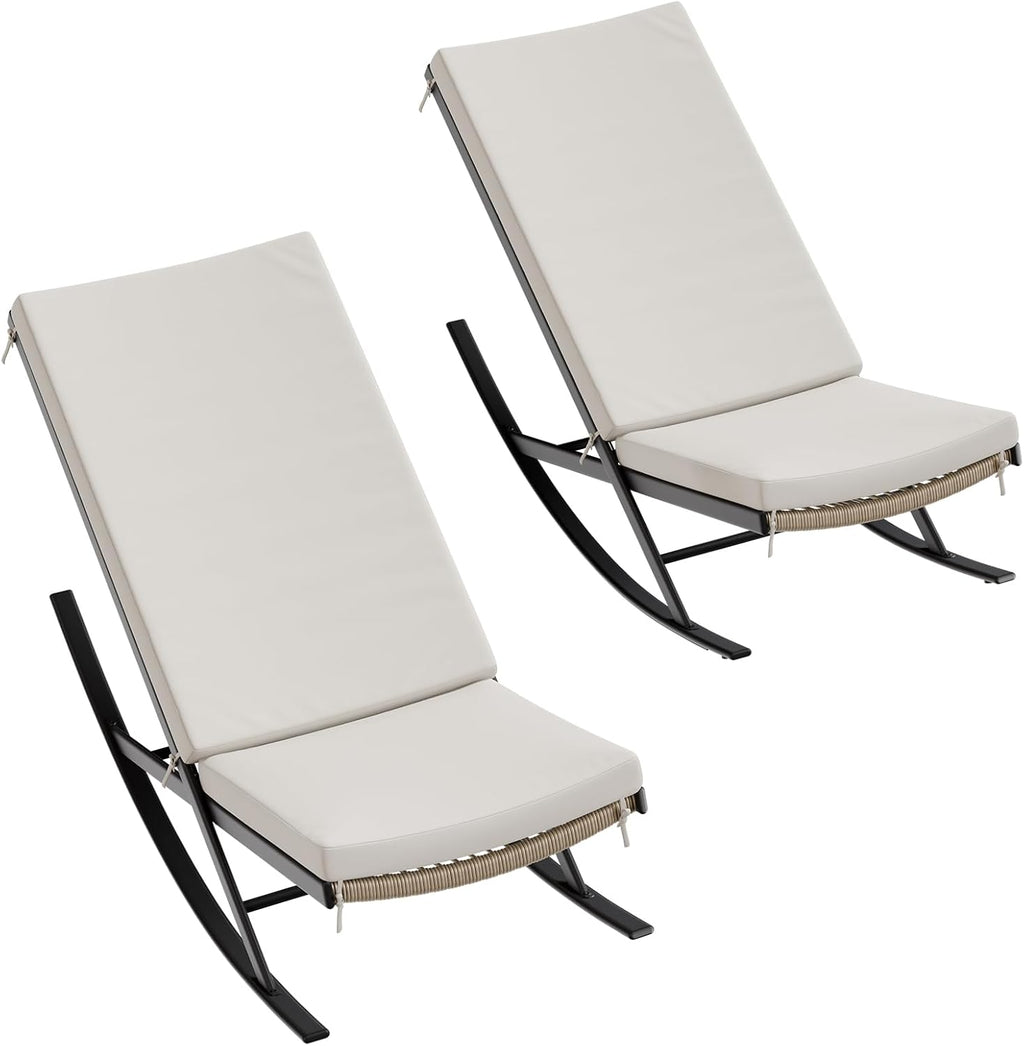 Rocking Chair Outdoor Set of 2 Patio Chairs Rocking Chairs Outdoor Lounge Rattan Chair for Outside Lawn with Cushions for Front Porch, Garden, Backyard, Lawn, Patio,Beige