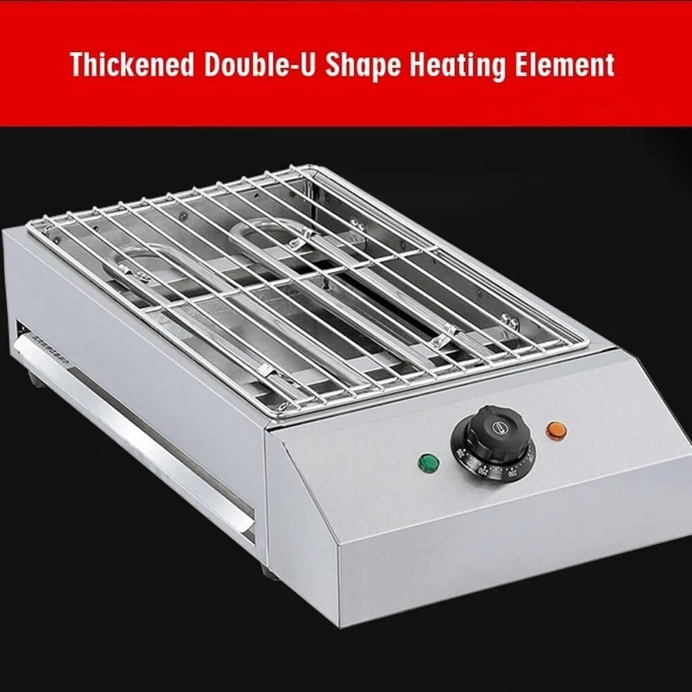 Portable Smokeless BBQ Grill Kebab Machine, 2600W Electric Heating Tube Seafood Meat BBQ Grill Machine, Temperature Control, Countertop Stainless Steel BBQ Griddle with Drip Tray for Garden Party