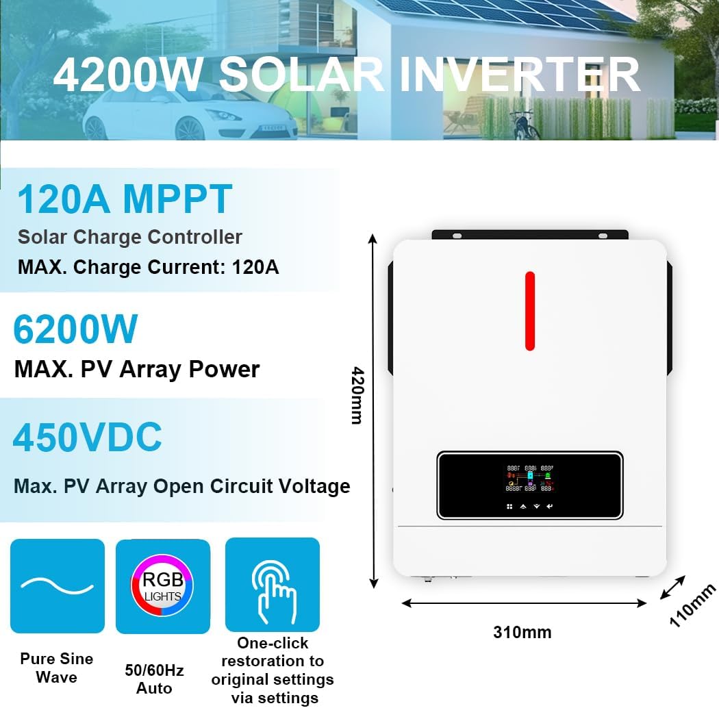 Y&H 4.2KW 24VDC Solar Hybrid Inverter AC220V Two Load Output Power, On/Off-Grid Built in 120A MPPT Solar Charger Max PV Power 6200W Input, for 48V Lead Acid/Lithium Battery, Supports Battery-Free use