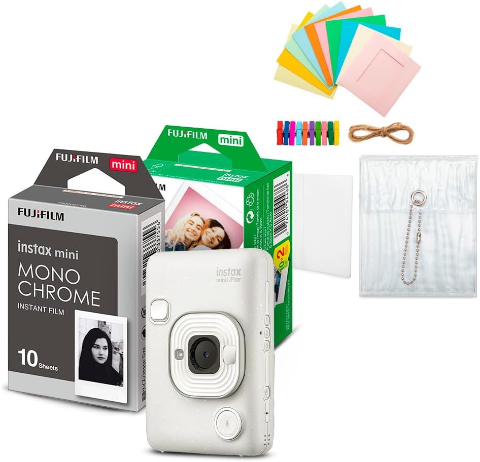 Fujifilm Instax Mini LiPlay Hybrid Instant Camera and Smartphone Printer (Misty White) Bundle with Instax Mini Twin Film Pack (20 Exposures), Instax Mini Monochrome Film, and Accessory Kit (4 Items)