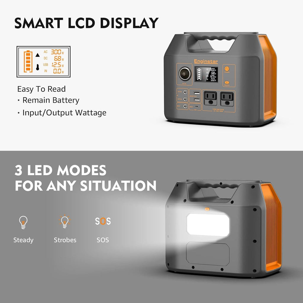 EnginStar Portable Power Station, 300W 296Wh Battery Bank with 110V Pure Sine Wave AC Outlet,100W Foldable Solar Panel Charger with 18V DC Outlet for Portable Power Stations
