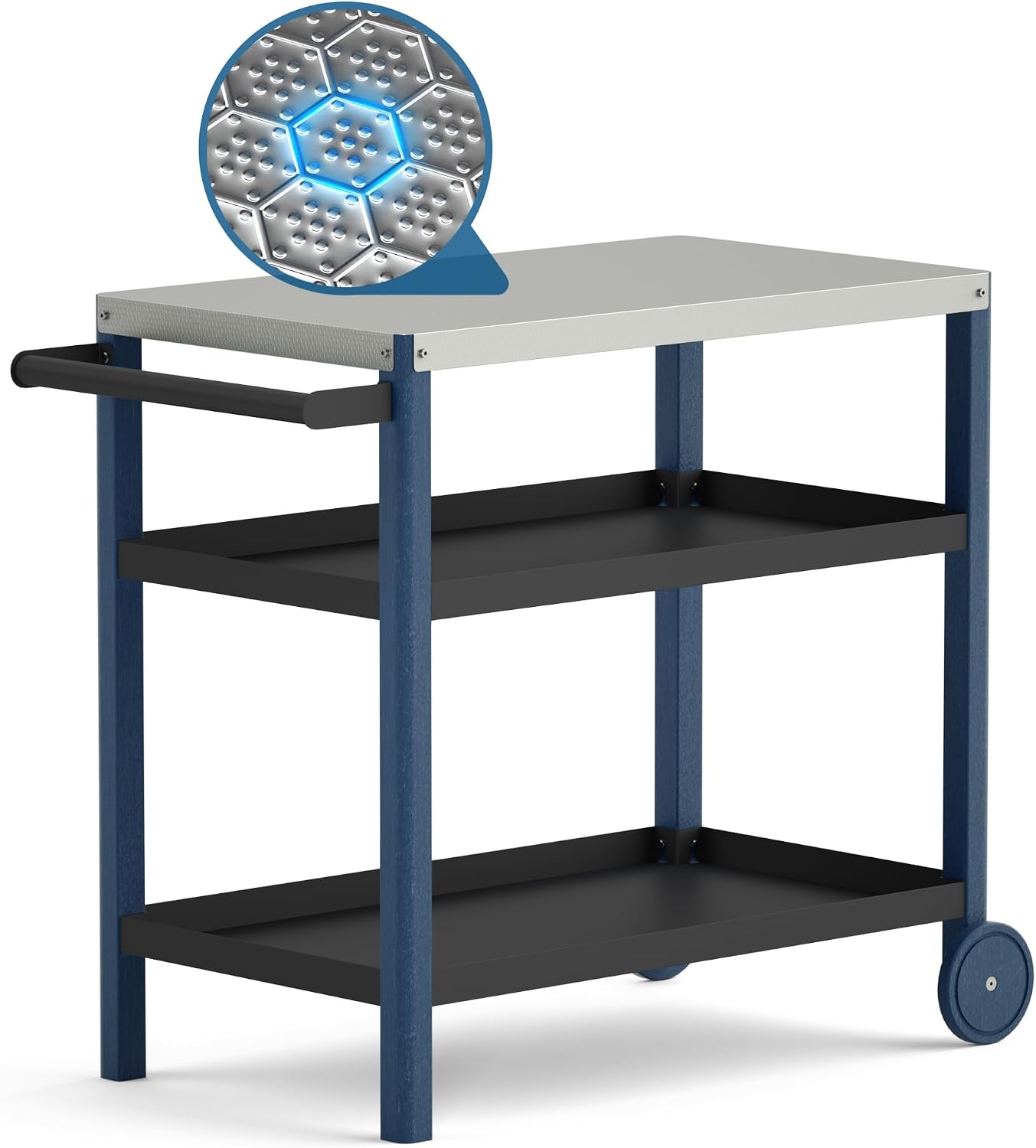 TORVA Outdoor Prep Grill Cart, Honeycomb Style Wear-Resistant Tabletop with High Load-Bearing Portable BBQ Cart, HDPE Durable Frame 3-Tier Storage Cart, Navy Blue+Blue
