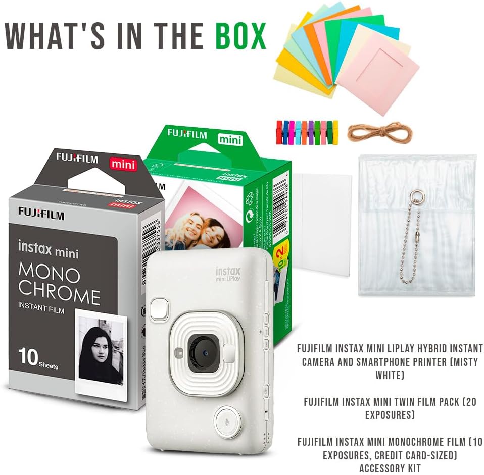 Fujifilm Instax Mini LiPlay Hybrid Instant Camera and Smartphone Printer (Misty White) Bundle with Instax Mini Twin Film Pack (20 Exposures), Instax Mini Monochrome Film, and Accessory Kit (4 Items)