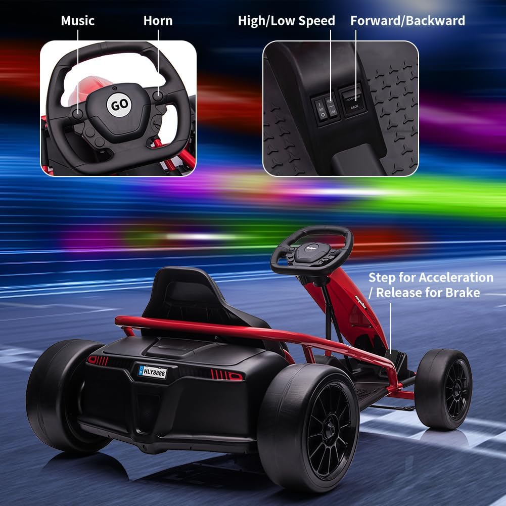 Go Kart, Big Kids Electric Karts, 24v 2 x 300w 8MPH Support for Smooth Slew Drift with Slow Start and Seat Belt for Double Protection, with Musical Horns, Maximum Load 180Lbs, for Kids 8-11 Year