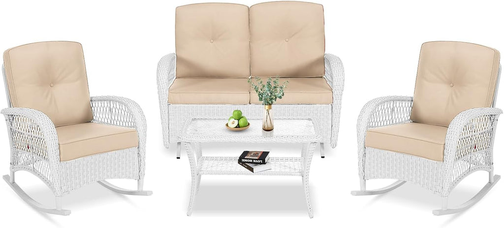 VIVIJASON 4-Piece Outdoor Patio White Wicker Conversation Sets, All Weather Outdoor Rattan Furniture Set Includes Glider Loveseat, Coffee Table, 2 Rocking Chairs with Cushions for Backyard, Beige