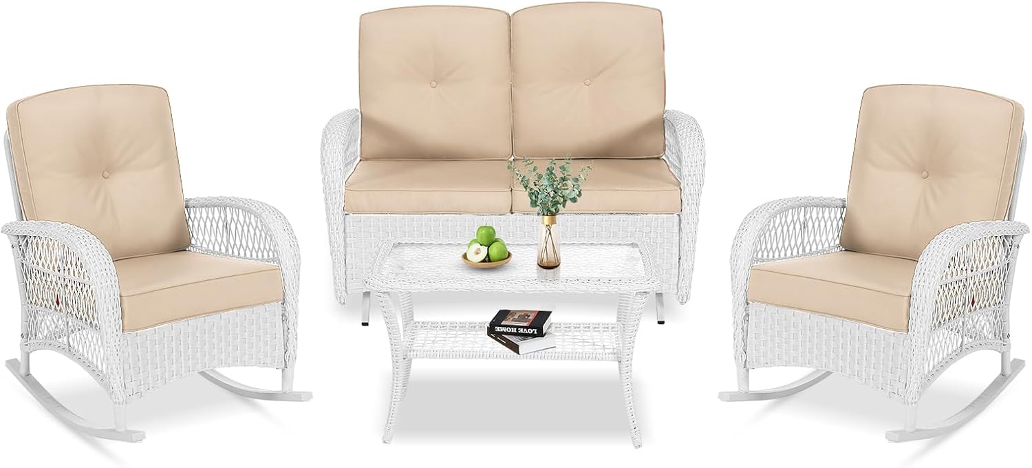 VIVIJASON 4-Piece Outdoor Patio White Wicker Conversation Sets, All Weather Outdoor Rattan Furniture Set Includes Glider Loveseat, Coffee Table, 2 Rocking Chairs with Cushions for Backyard, Beige