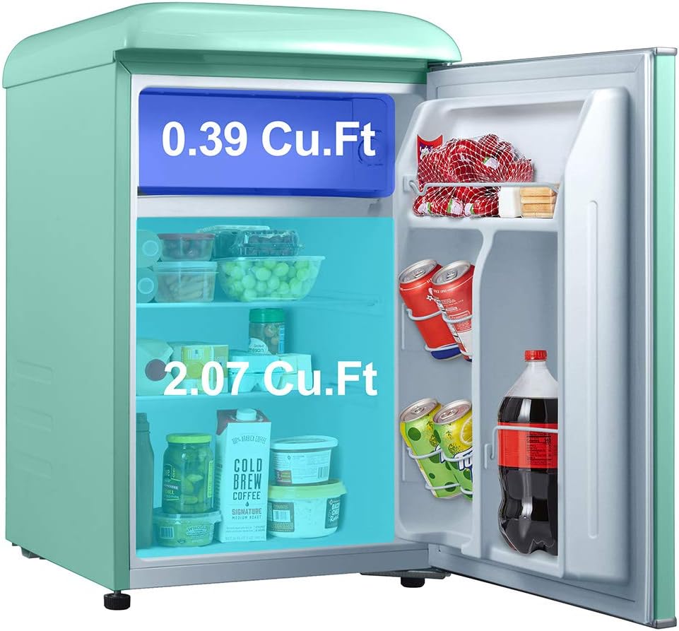 Galanz GLR25MGNR10 Retro Compact Refrigerator, Mini Fridge with Single Doors, Adjustable Mechanical Thermostat with Chiller, Green, 2.5 Cu Ft
