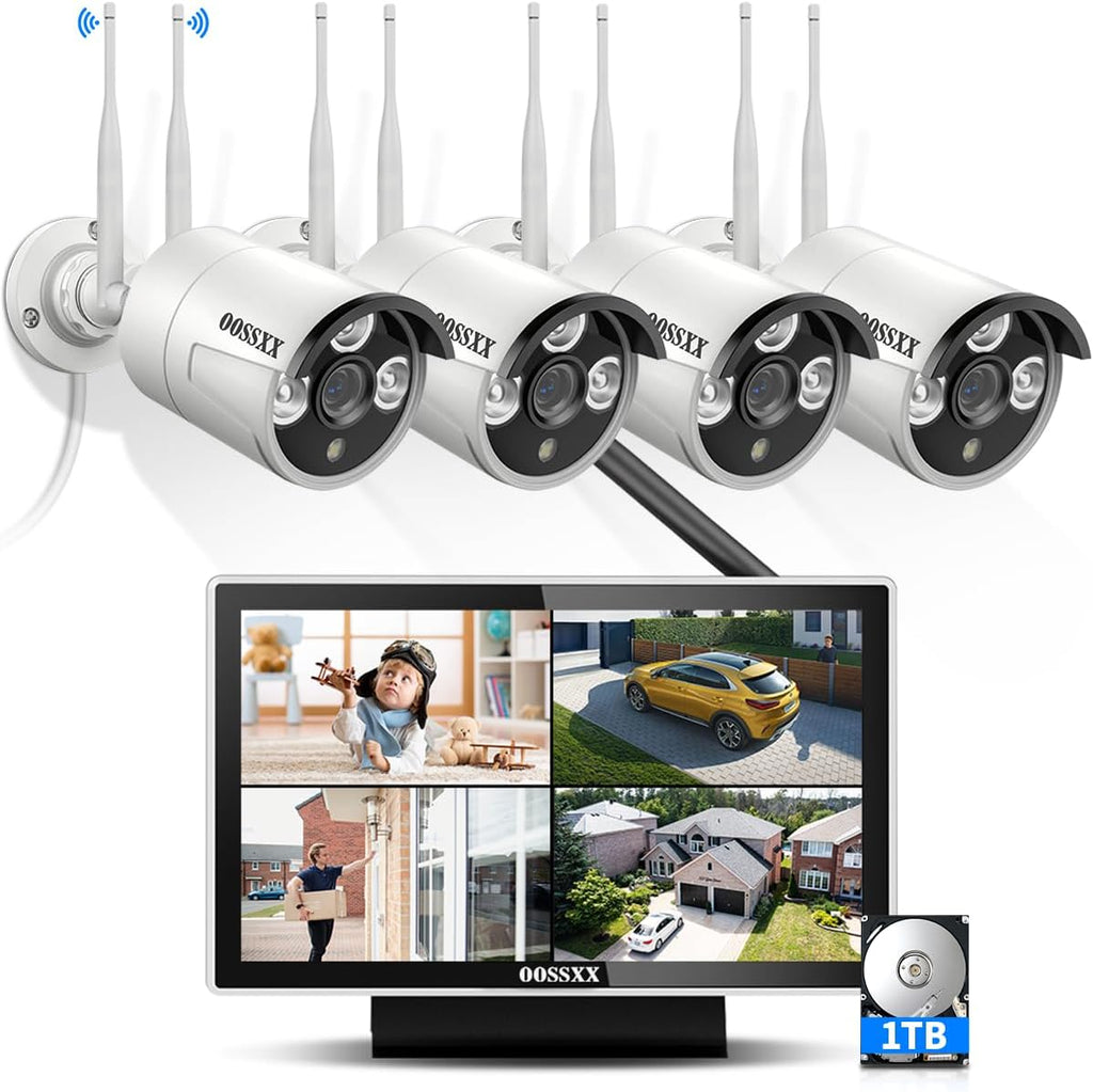 (2026 Update) Wireless WiFi Outdoor Security Camera System with Monitor, IP67 Waterproof Dual Antenna Cameras, Built-in Screen NVR, Audio Recording, Night Vision, No Monthly Fee, Plug & Play