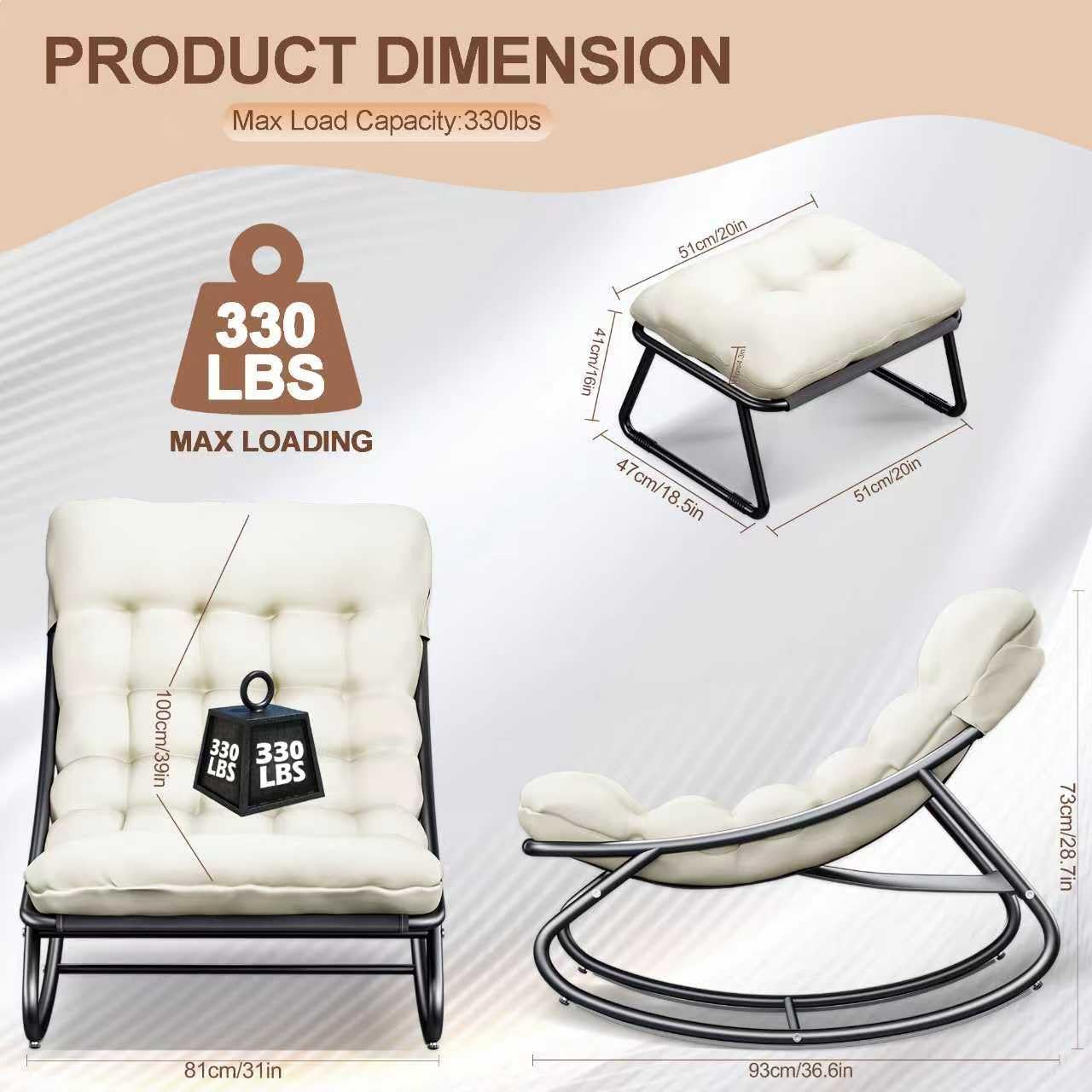 Outdoor and Indoor Rocking Chairs, Comfy Patio Chair, Rocking Chair with Ottoman and Sturdy Metal Frame, Balcony Chairs with Thickened Cushion, Silla Mecedora for Patio Porch Garden Living (White)