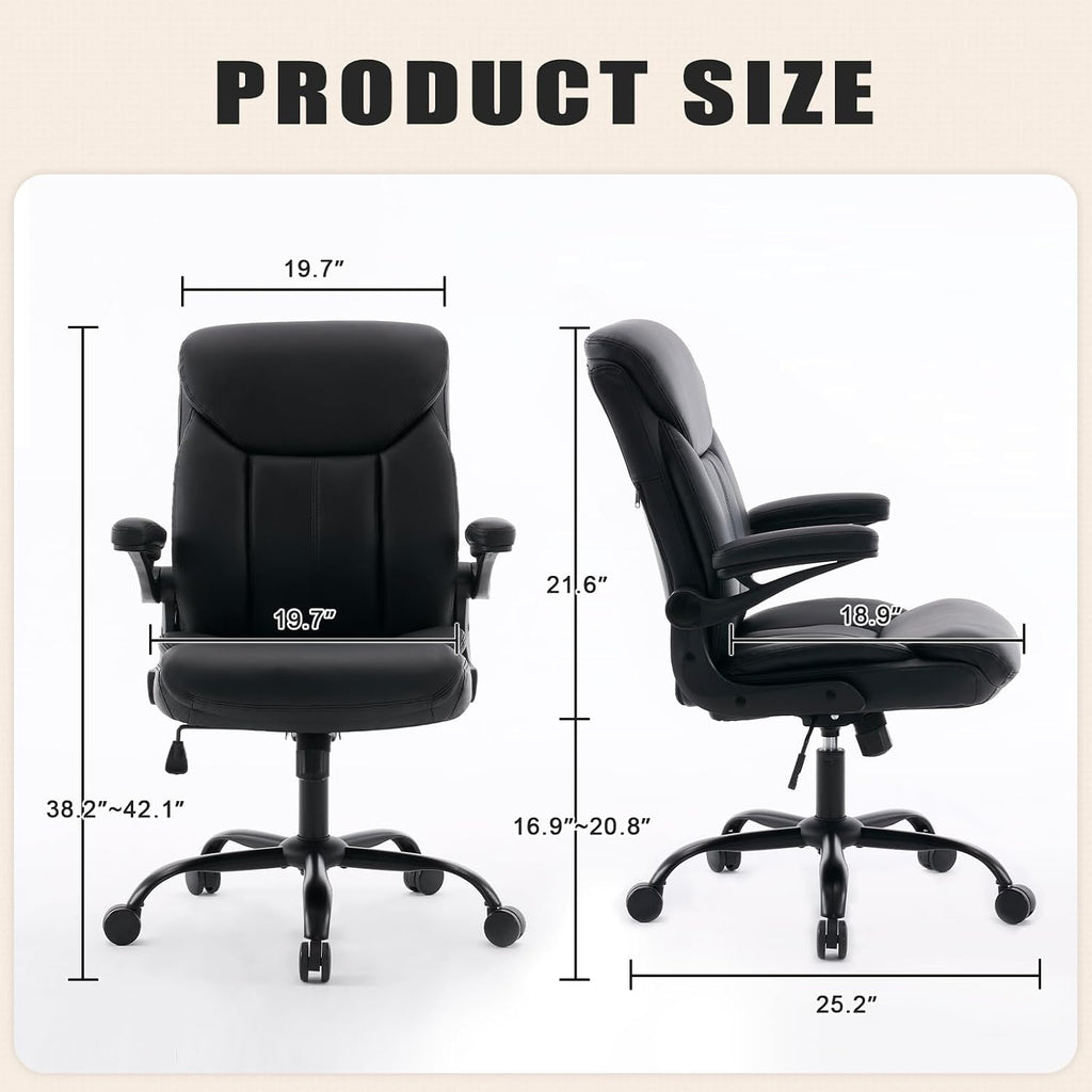 PU Leather Office Chair Comfy Home Office Desk Chairs, Ergonomic Executive Chair with Tilt Lock Back Support 360° Swivel, Small Computer Chair with Wheels and Padded Flip-Up Arms | Black