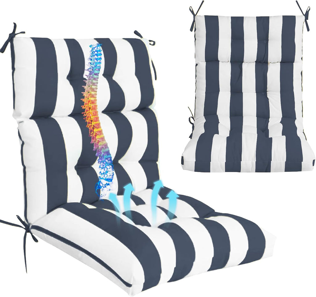 Outdoor High Back Chair Cushions 2-Pack, 44'x22'x 4' Fade-Resistant Waterproof Tufted Pads with Ties for Patio Rocking & Adirondack Chairs (Navy Blue White)