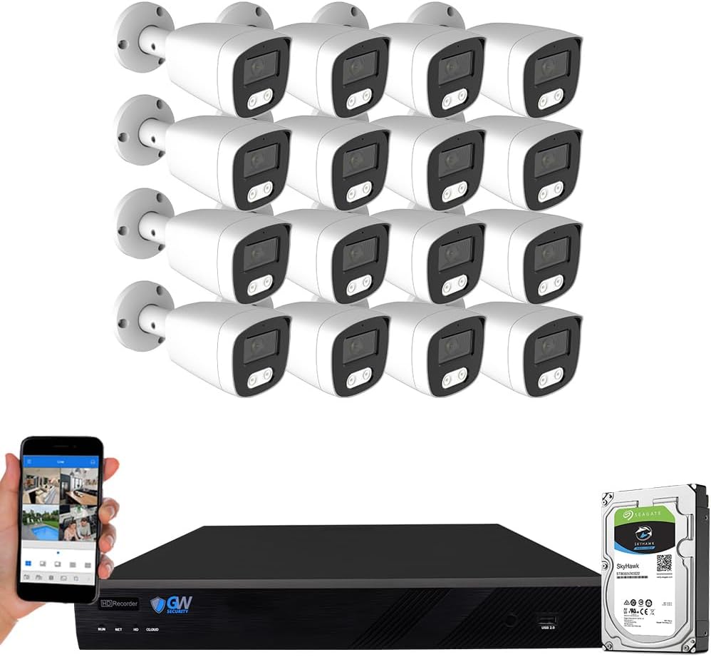 GW Security 8MP Full Time Color Night Vision Security Camera System with AI Face/Human/Vehicle Detection, 16CH 4K DVR and 16 x 3840TVL 8MP Outdoor Microphone Home Coaxial CCTV Cameras, 4TB Hard Drive