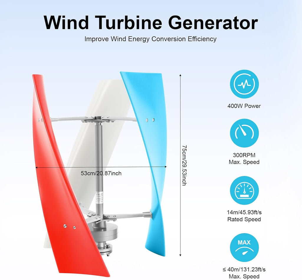 400W Wind Turbine Generator Kit, 12V Vertical Helix Wind Power System with Controller, 3 Blades, for Marine, RV, Home, Outdoor Energy, Garden, Hybrid Solar Wind System, Portable, for DIY Users