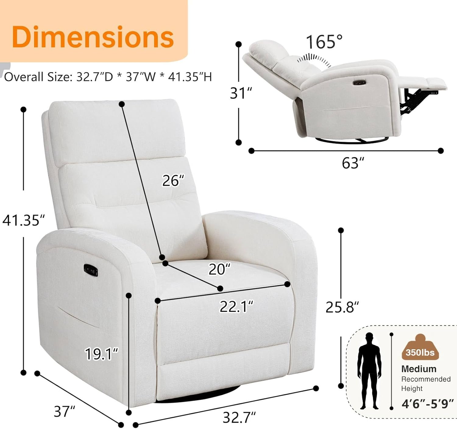 Power Swivel Rocker Recliner Chair for Nursery, Electric Rocking Reclining Chair, Upholstered Glider Nursery Recliner for Living Room, Bedroom, Chenille White
