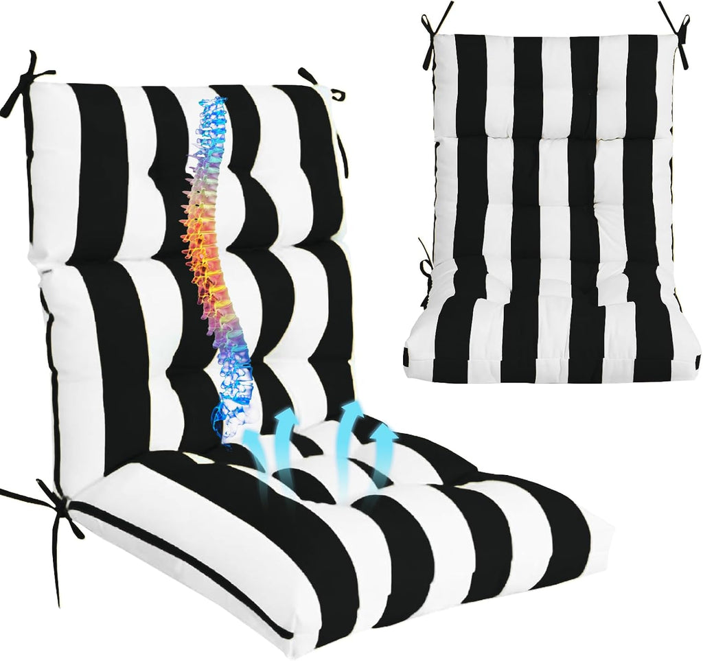 Outdoor High Back Chair Cushions 2-Pack, 44'x22'x 4' Fade-Resistant Waterproof Tufted Pads with Ties for Patio Rocking & Adirondack Chairs (Black White)
