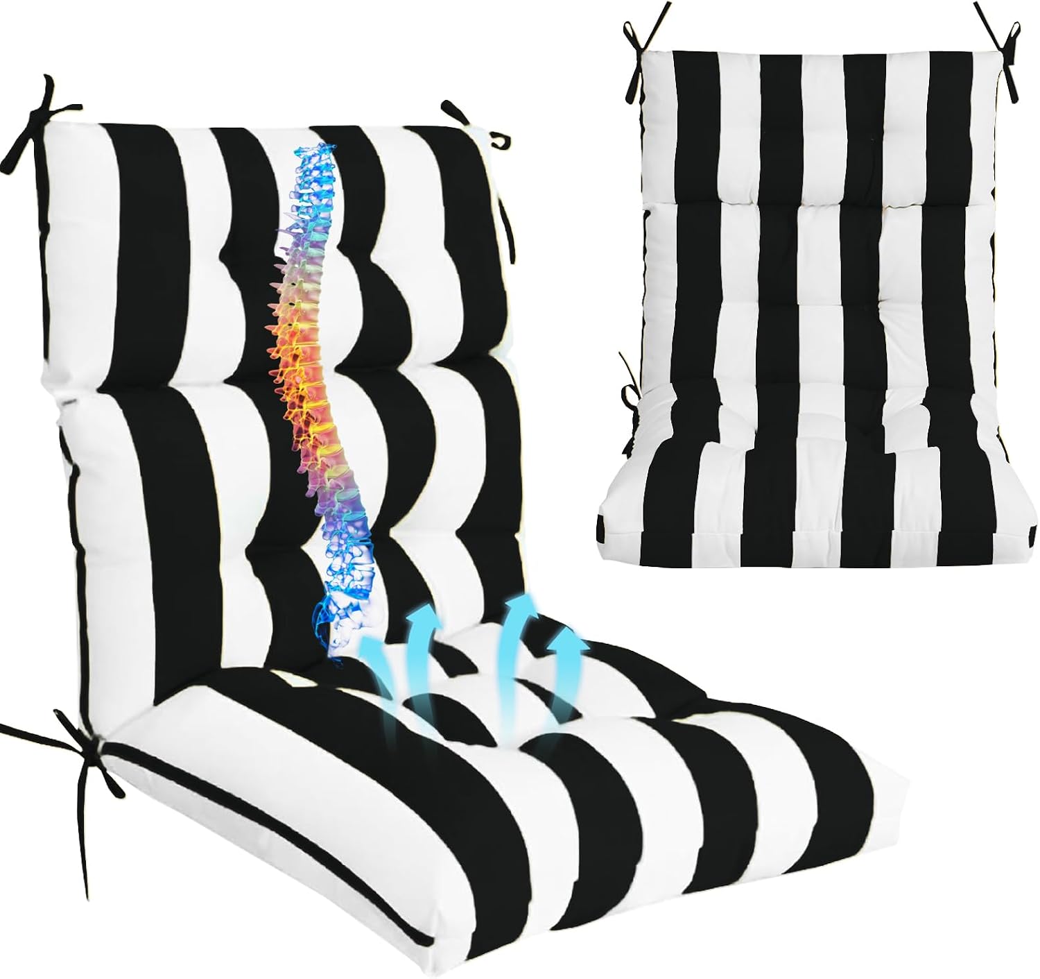 Outdoor High Back Chair Cushions 2-Pack, 44'x22'x 4' Fade-Resistant Waterproof Tufted Pads with Ties for Patio Rocking & Adirondack Chairs (Black White)