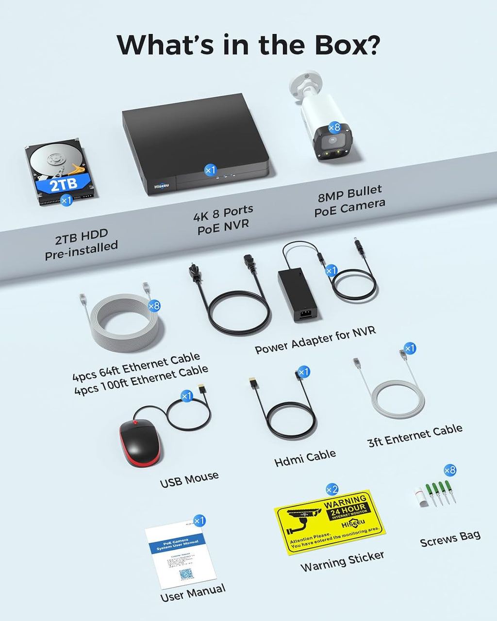 【4K HD +0 Monthly Fee】 Hiseeu 8MP PoE Security Camera System, 8 Pcs 4K Security Camera Outdoor&Indoor, 121° Wide View, Color Night Vision, Smart Playback,7/24 Record,Home Surveillance NVR Kit 2TB HDD