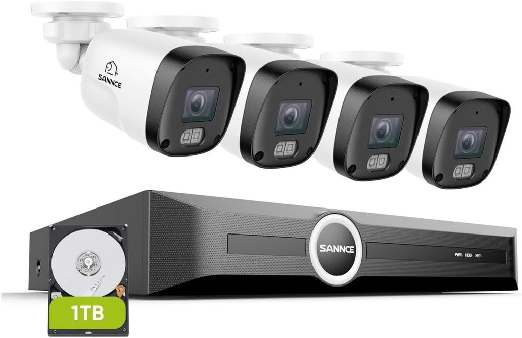 SANNCE 8CH 6MP Surveillance PoE NVR System with 4PCS 2K 3MP HD Weatherproof Cameras with H.265 Video Compression, Smart IR LED, APP Push Alert, Remote Access (with 1TB HDD)
