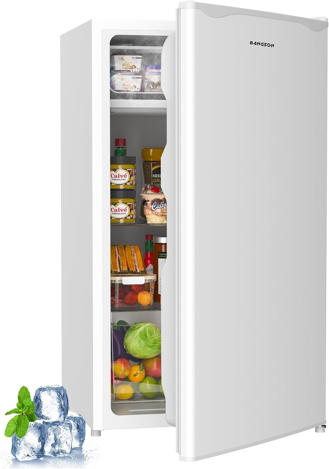 BANGSON Mini Fridge with Freezer, 3.2Cu.Ft, Single Door Small Refrigerator, Energy-Efficient, Low Noise, Small fridge for Bedroom Dorm and Office, White
