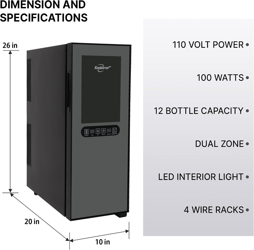 Koolatron Urban Series 12 Bottle Wine Cooler Refrigerator Dual Zone Thermoelectric Wine Fridge Freestanding Wine Cellar for Red White Sparkling Wine Ideal for Kitchen Apartment RV