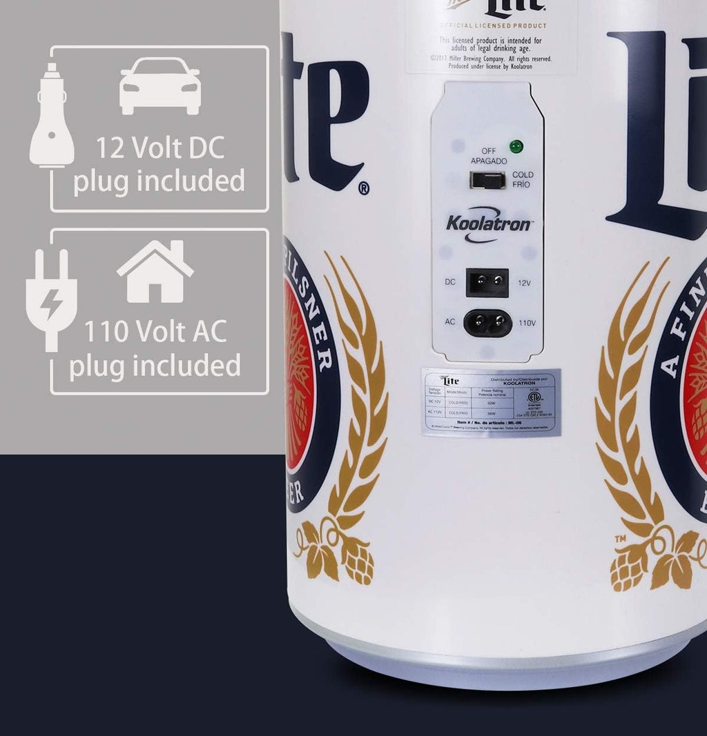 Miller Lite Mini Fridge - Refrigerator for Bedroom Office, Portable Table Top Beverage Cooler, 12V 110V Refrigerador For Drinks, Soda, Wines, Use In Car, Outdoor, Patio, 8 Can