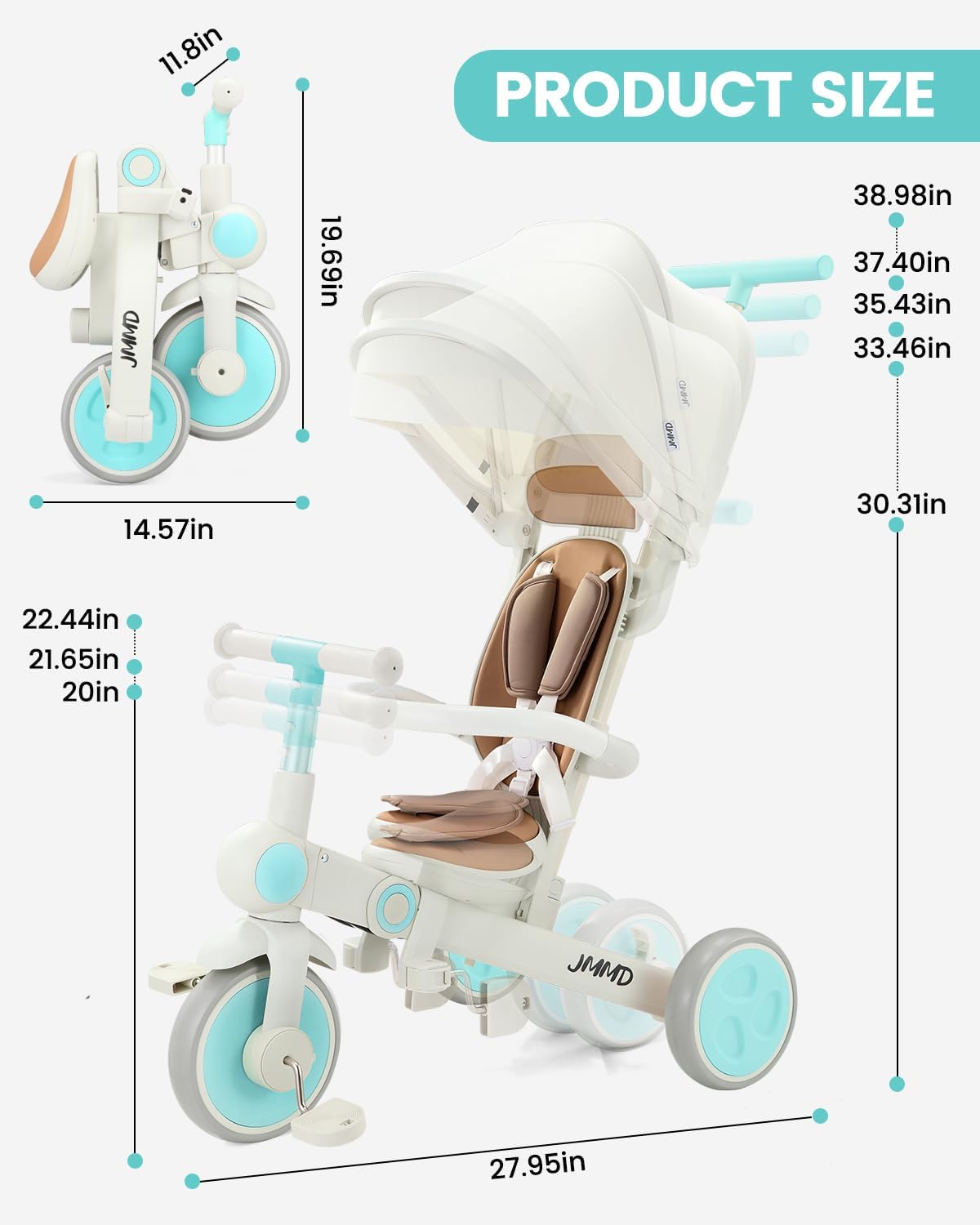 JMMD Baby Tricycle, 7-in-1 Multifunctional Kids Trike with Adjustable Parent Handle, Safety Harness & Wheel Brakes, Removable Canopy, Stroll Trike for Boys & Girls Ages 18 Months-5 Years, Mint