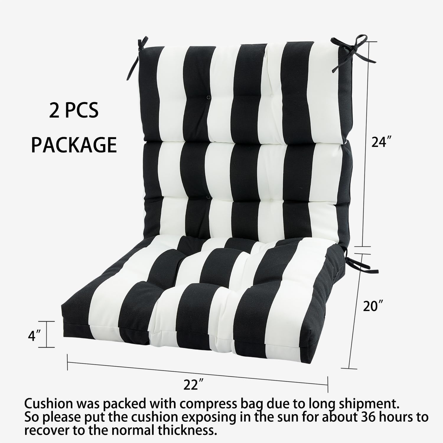 Magpie Fabrics Indoor Outdoor Tufted High Back Chair Cushion Set of 2, Waterproof All-Weather Deep Seating Rocking Chair Patio Chaise Lounge Sun Lounger Chair Cushions (Black White)