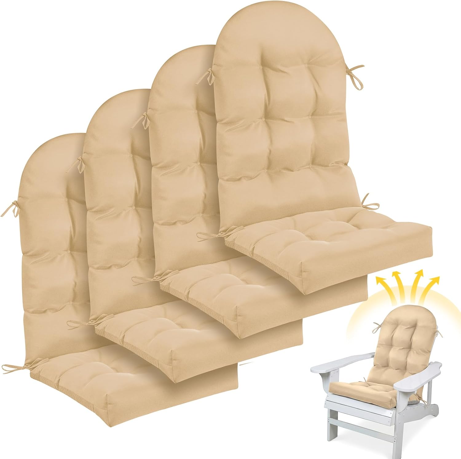 Geelin 4 Pcs Outdoor Patio Chair Cushion Thick High Back Adirondack Chair Cushion Tufted Weather & Fade Resistant Anti-Slip Outside Rocking Chairs Pads with Ties, 44 x 19 x 4 Inch (Beige)