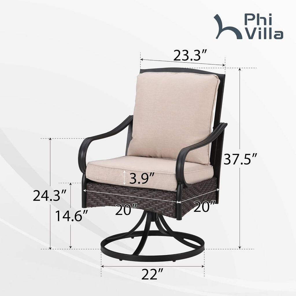 PHI VILLA Outdoor Swivel Chairs Set of 4, Heavy Duty Metal Wicker Dining Chairs with Cushions, Large All Weather Patio Seating Furniture for Porch, Deck, Backyard