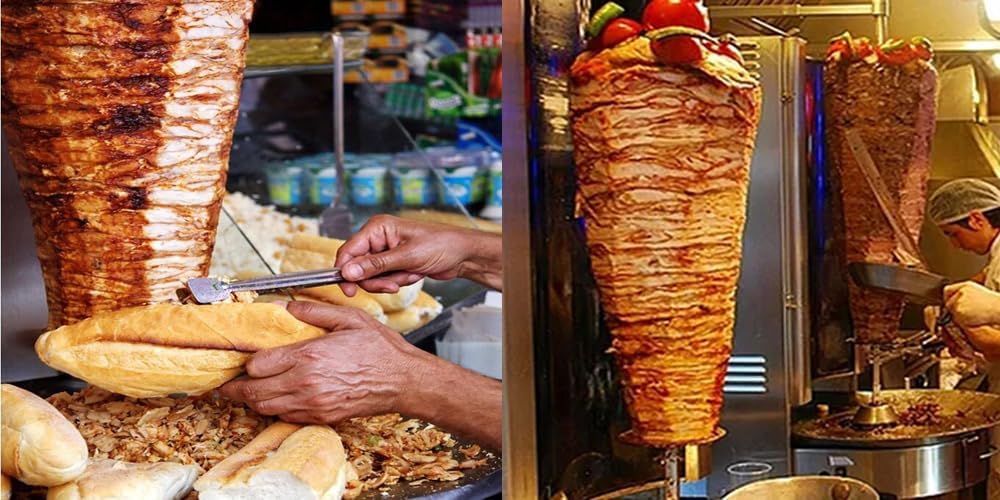 LP Gas Shawarma Gyro Grill 2 Burners Commercial Stainless Steel Vertical Broiler Kebab Machine Adjustable Temperature with Meat Catch Pan and Rotating Doner for Home Restaurant Kitchen
