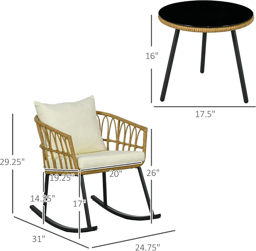 Outsunny Wicker Outdoor Rocking Chair Set, 3 Piece Patio Bistro Set with 2 Porch Rocker Chairs, Glass Top Coffee Table and Cushions, Patio Conversation Set for Balcony, Backyard, Cream White