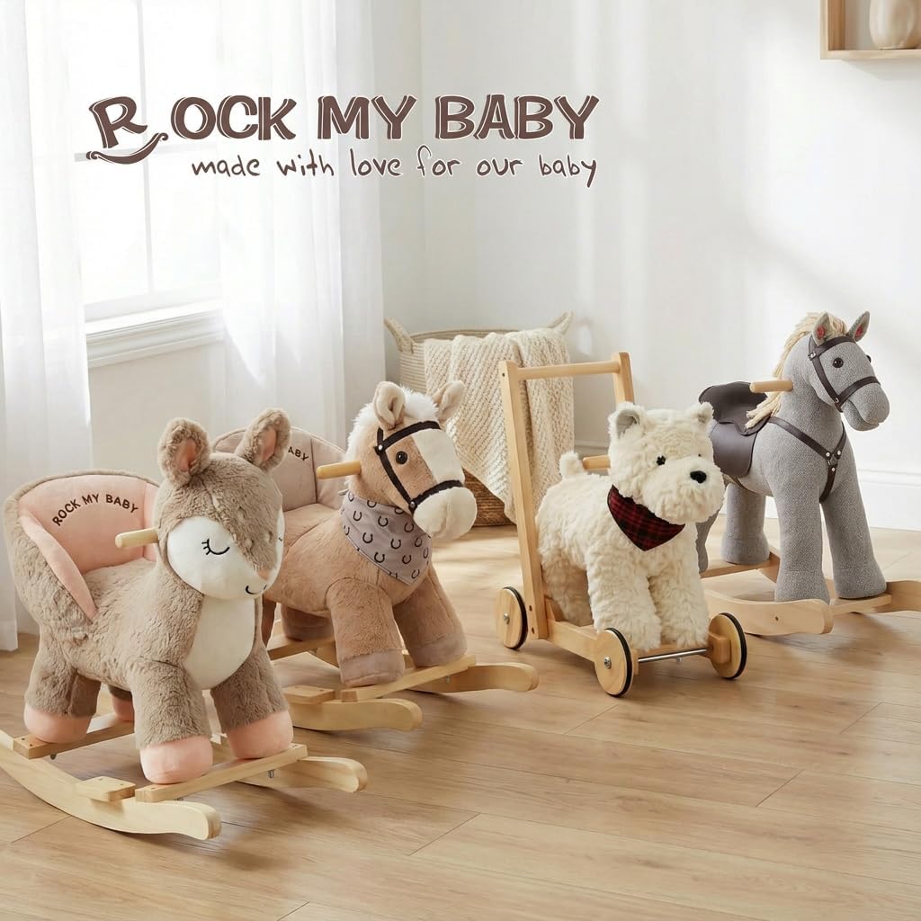 Rock My Baby Rocking Horse, Baby Animal Rocking Horse with Seat, Ride on Horse, Plush Rocking Horse with Realistic Sound, Wooden Rocking Horses Ages 1-3 (Caramel Color Horse), CPC Certified