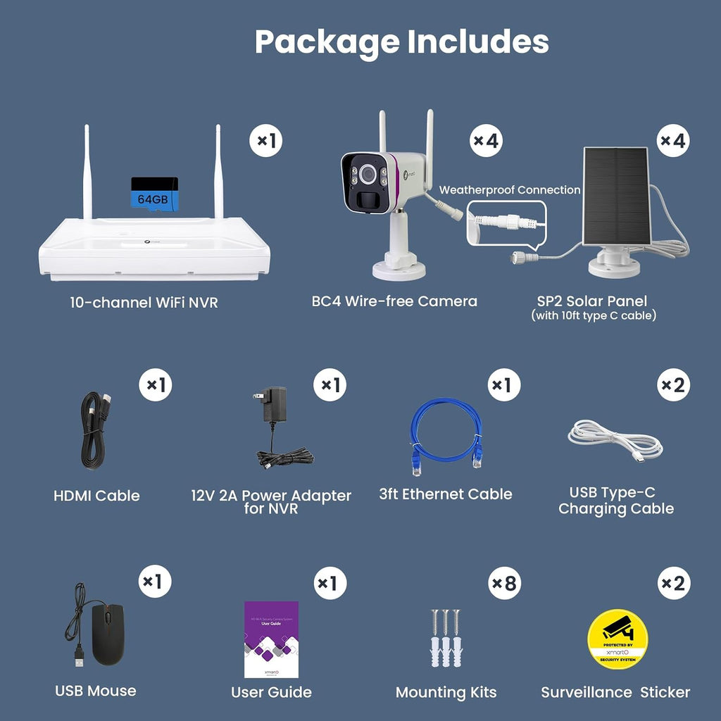 xmartO Wireless Solar Security Camera System, 10CH 4K Expandable WiFi6 NVR+4*4MP 2K Outdoor Cams, All Weather Solar, 2-Way Audio, IR&Color NV, Long Range WiFi Mesh, Free 120-Day Video,No Monthly Fees