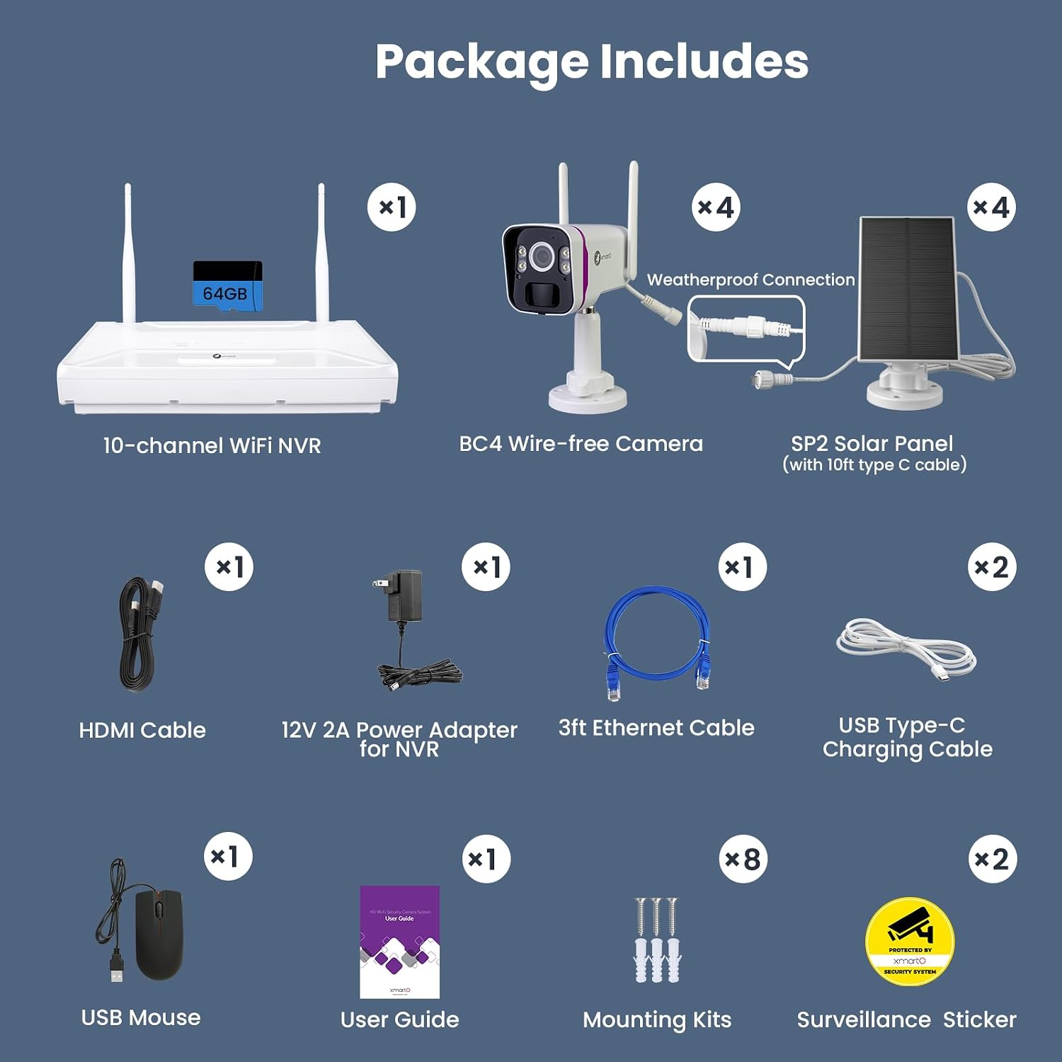 xmartO Wireless Solar Security Camera System, 10CH 4K Expandable WiFi6 NVR+4*4MP 2K Outdoor Cams, All Weather Solar, 2-Way Audio, IR&Color NV, Long Range WiFi Mesh, Free 120-Day Video,No Monthly Fees
