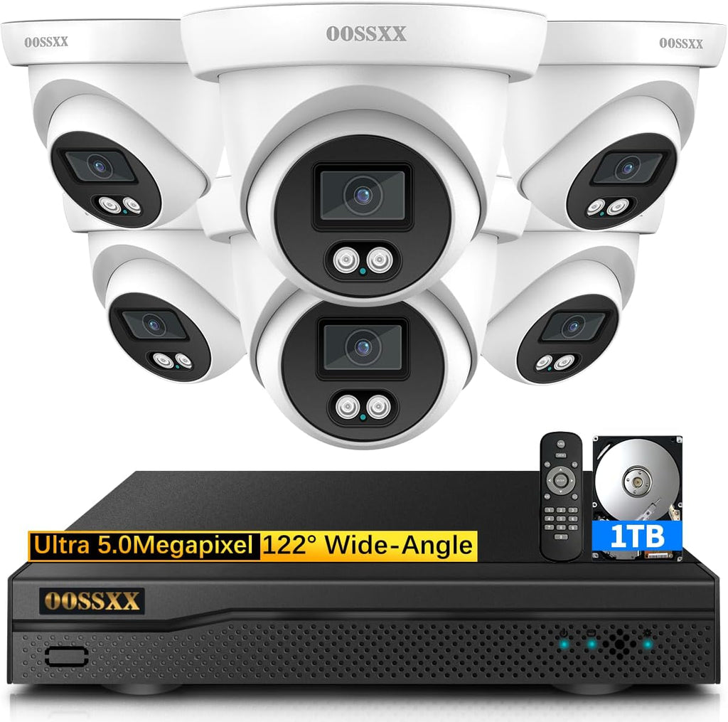 (2026 New) 5MP Wired Security Camera System, 8CH DVR with 1TB Hard Drive, 6 CCTV Cameras, AI Human Detection, 122° Wide Angle, 65ft Night Vision, IP67 Waterproof, Free App, No Monthly Fee