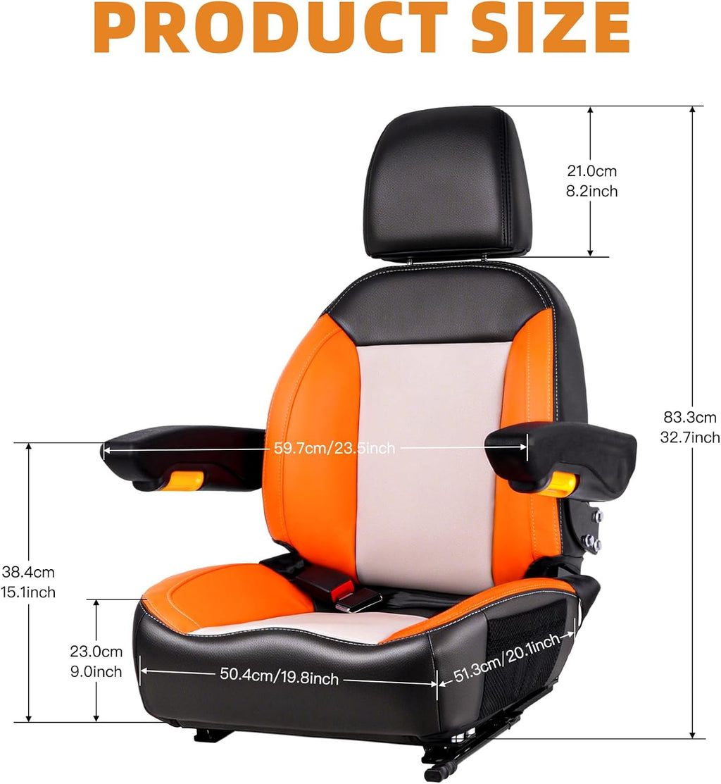 Universal Orange Ergonomic Tractor Seat with Adjustable Backrest, Armrests & Safety Belt And Micro Switch– Replacement for Zero Turn Mowers, Forklifts, Skid Steers, Loader Telehandler Dozer Excavator
