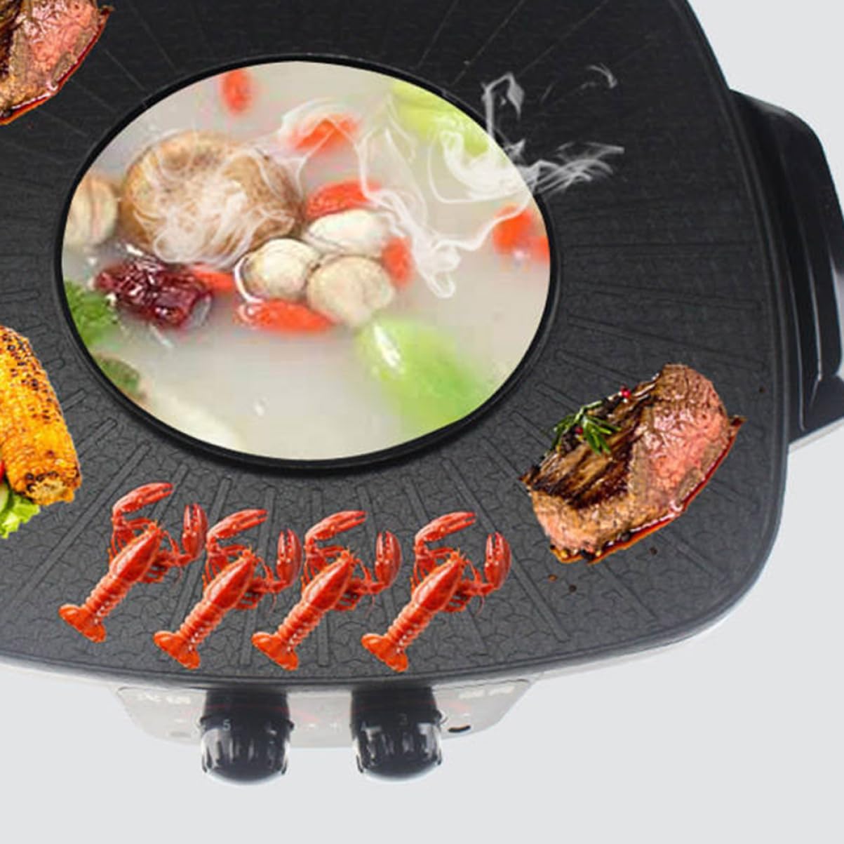 COLLBATH Electric Hot Pot Grill Multi-function Cooker with Smokeless Non-stick Coating Temperature Control for Home and Restaurant Use Black Color with Triangle Plug