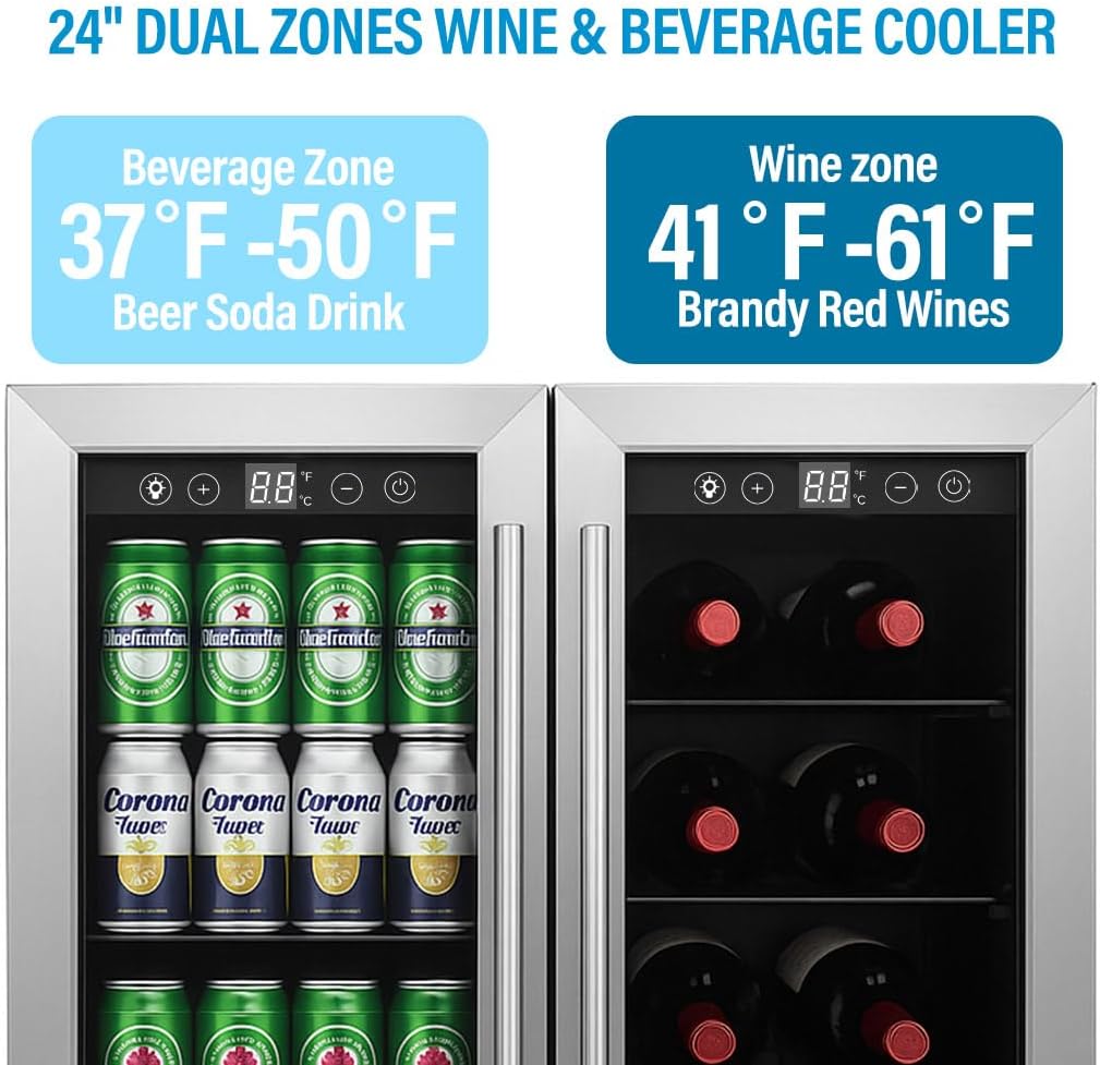 Stopasd Beverage Refrigerator, Dual Zone Beverage Cooler with Clear View Door, 21 Bottles and 88 Cans Large Capacity, Freestanding Drink Fridge with Adjustable Shelves & LED Light for Beer, Soda