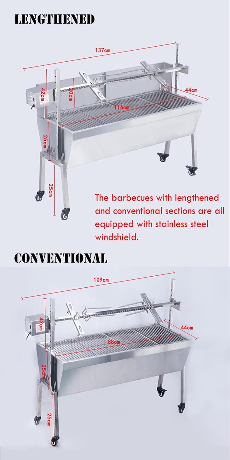 Rotisserie Charcoal Grill, Stainless Steel BBQ Grill with Adjustable Height, 44.5' Portable Grill for Outdoor Parties and Backyard Use 110V 15W