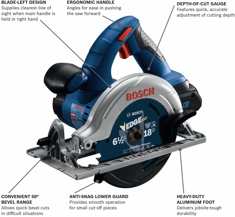 BOSCH GXL18V-497B23 18V Power Tool Combo Kit - 4 Tool Cordless Set with 1/2 In. Hammer Drill/Driver, Two-in-One Impact Driver/Wrench, Circular Saw, Worklight, Batteries & Charger
