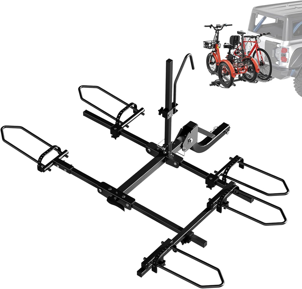 MOPHOTO Heavy-Duty Folding Trike Rack for Adult Tricycles Bicycles, Bike Hitch Mount Rack, 270 lbs Load, Fits 5' Fat Tires, 43'–59' Wheelbase, Rear Carrier with 2' Receiver for Cars, Trucks, SUVs, RVs