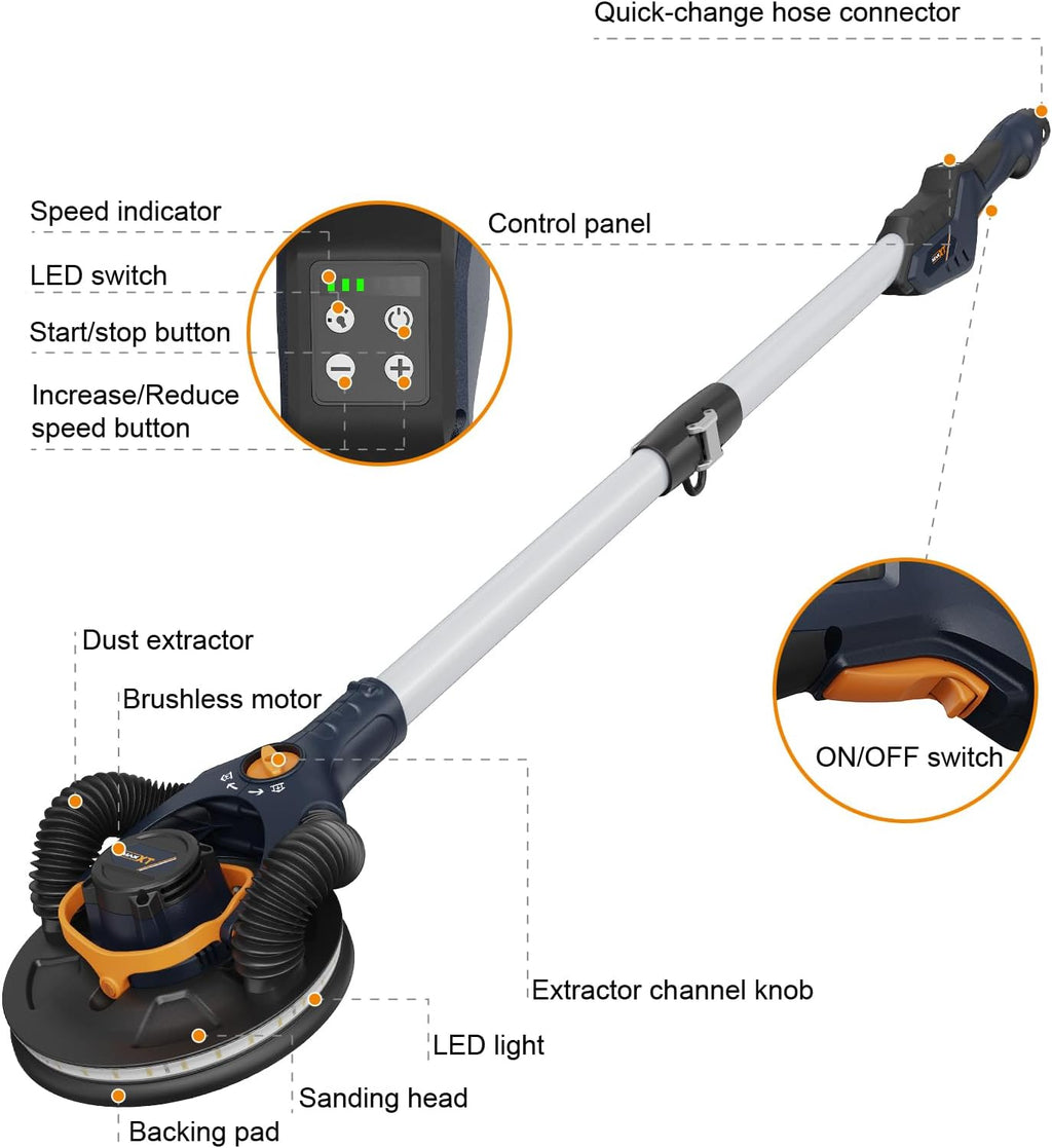 MAXXT 4mm Random Orbital Drywall Sander, Brushless 400W 3.5A Foldable Electric Wall Sander, Sander Tool with 1&2 Modes Suction Switching, Memory Variable Speed, 180° Flex Head, LED Light, Carry Bag