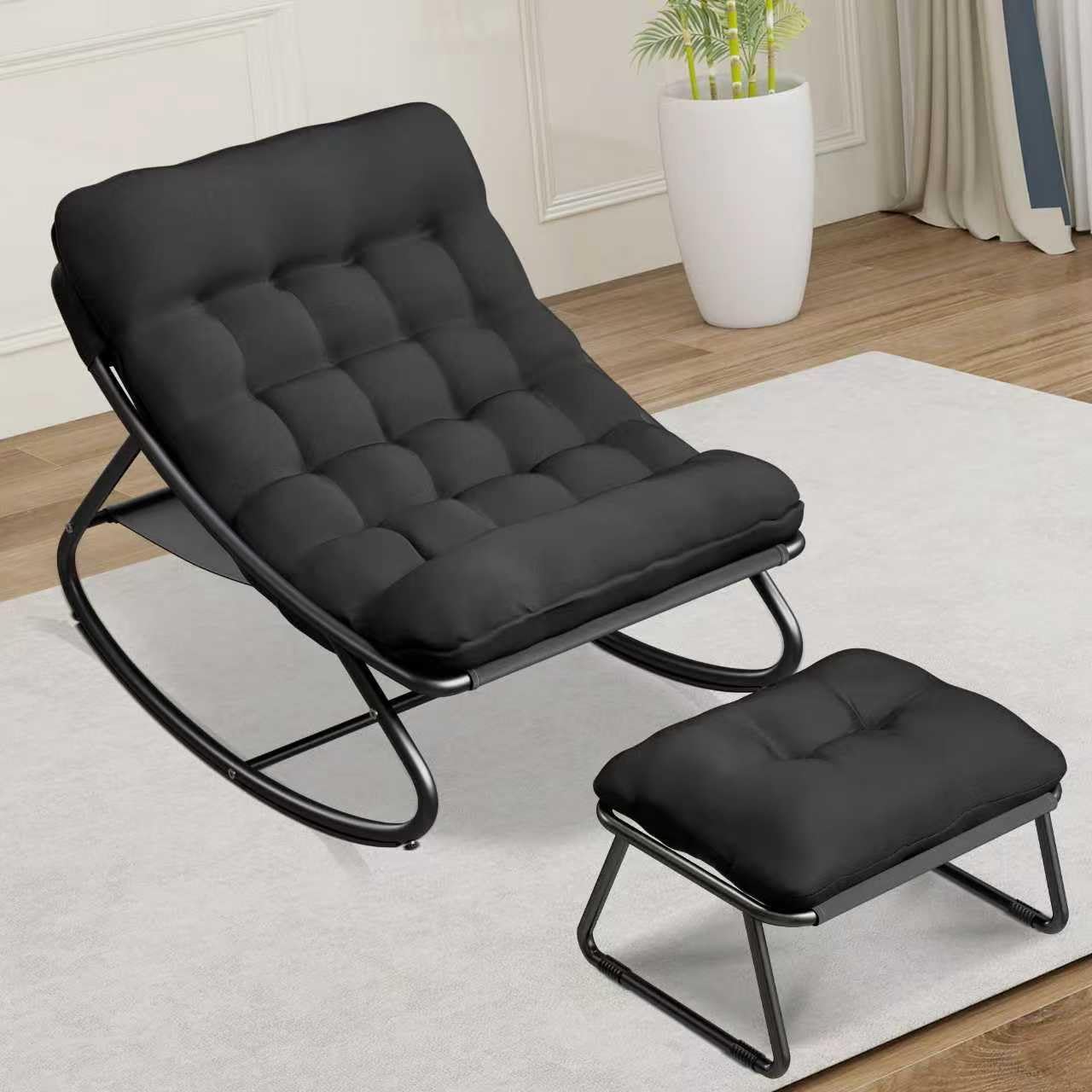 Indoor Rocking Chairs, Comfy Patio Chair, Rocking Chair with Ottoman and Sturdy Metal Frame, Balcony Chairs with Thickened Cushion, Silla Mecedora for Patio Porch Garden Living (Black)