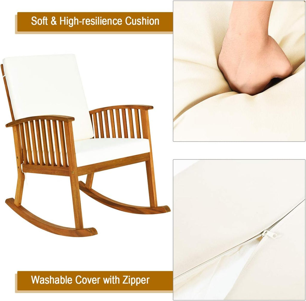 Tangkula 2 PCS Patio Bistro Set, Outdoor Acacia Wood Rocking Chair with Round Table, Thick Cushion of Detachable Cover, Rocking Chair Set for Outdoor Indoor Patio Backyard, Teak