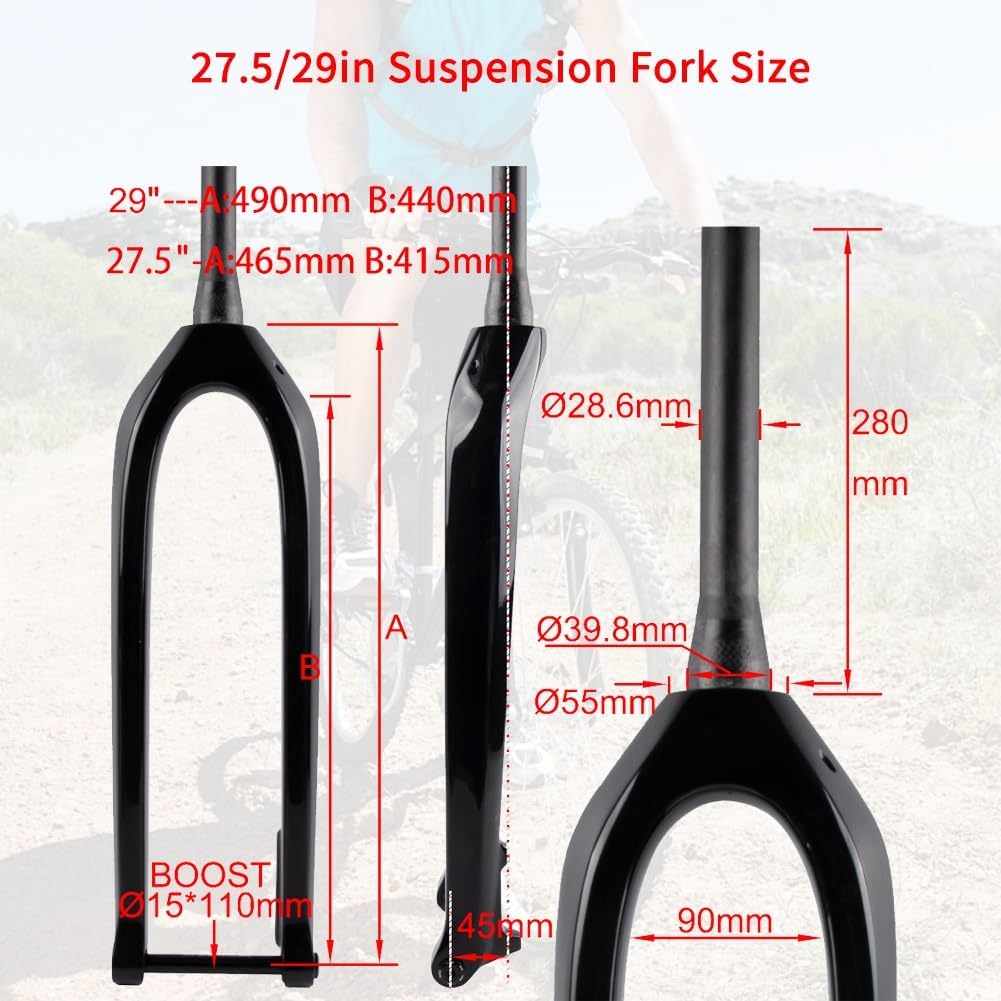 27.5/29inch Carbon Fiber Rigid Mountain Bike Fork 110 * 15mm Thru Axle Boost Disc Brake 1-1/2' Tapered Tube Rigid Fork T800 Bicycle Front Forks Super Light(Matte Black,29')
