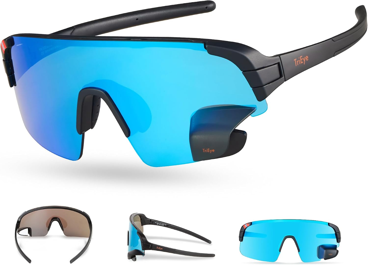TriEye Cycling Glasses with Rear-view Mirror - Sports Sunglasses for Men & Women - UV-400 Protection