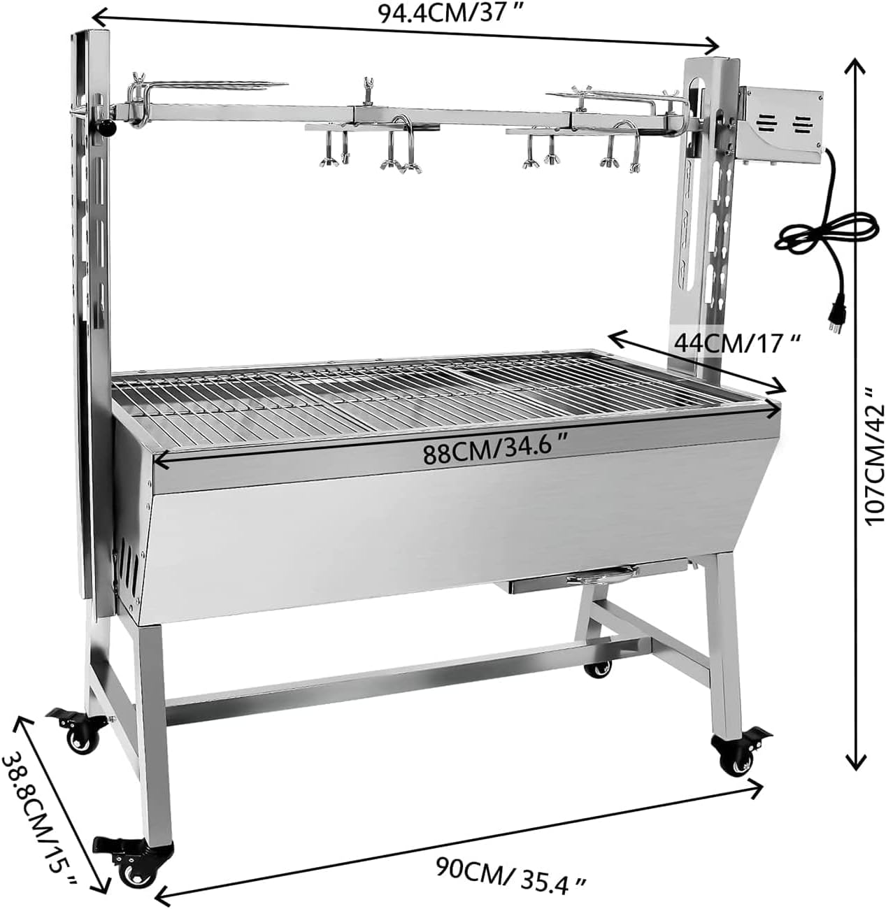 Stainless Steel Small Pig Whole Lamb Rotisserie Grill with Wind Deflector, 25W Motor Rotisserie Roaster, 40kg BBQ Charcoal Rotisserie Roaster Grill for Camping Outdoor Kitchen
