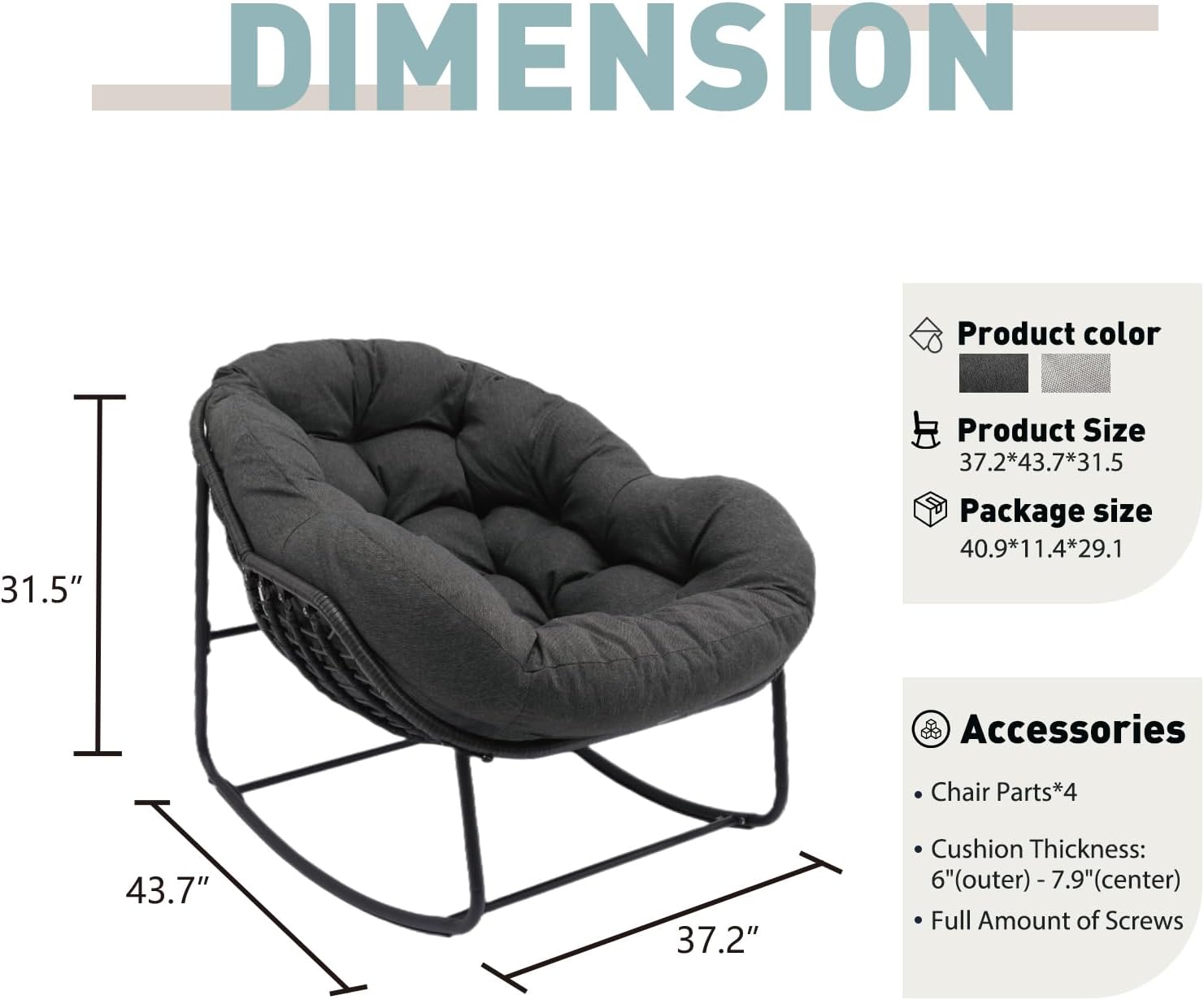 Indoor & Outdoor Rocking Chair, Oversized Rattan Royal Rocking Chair with Padded Cushion, Rocker Egg Chair for Living Room, Patio, Front Porch, Backyard,Dark Grey