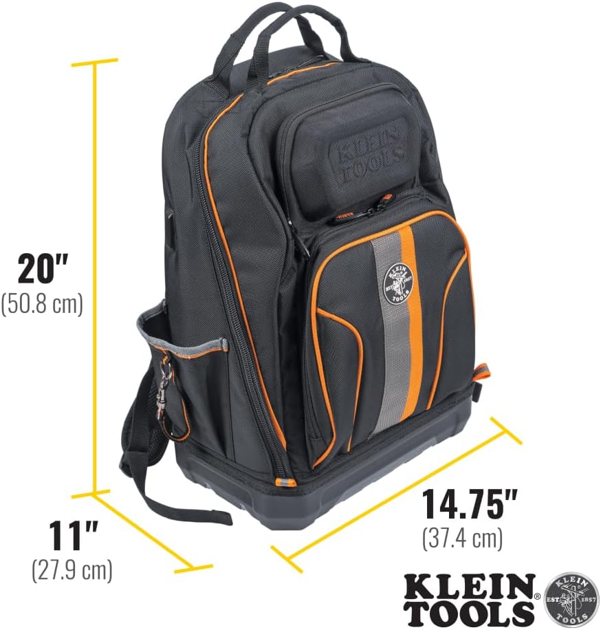 Klein Tools 62800BP Backpack Tool Bag, Tradesman Pro Extra-Large 40-Pocket Electrician Jobsite Backpack with Molded Bottom, Charging Port
